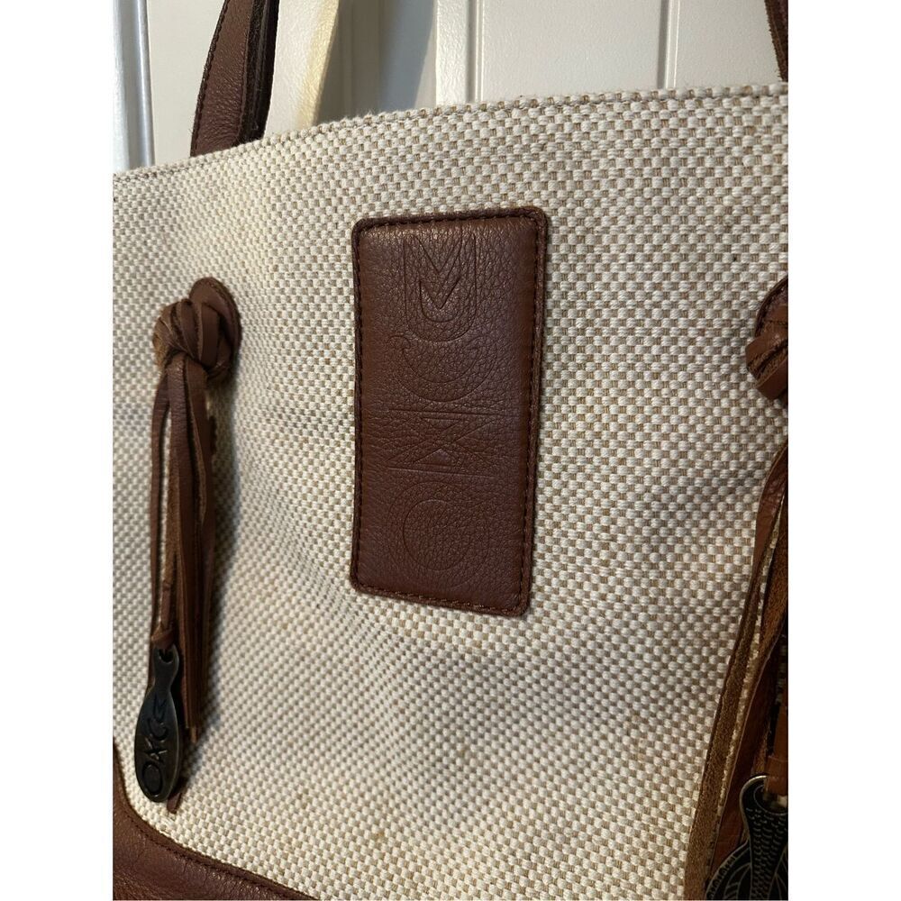 Muxo Camila Alves Leather Linen Woven Cotton Tote Brown Jute Tan Hobo Bag Purse - Picture 2 of 14